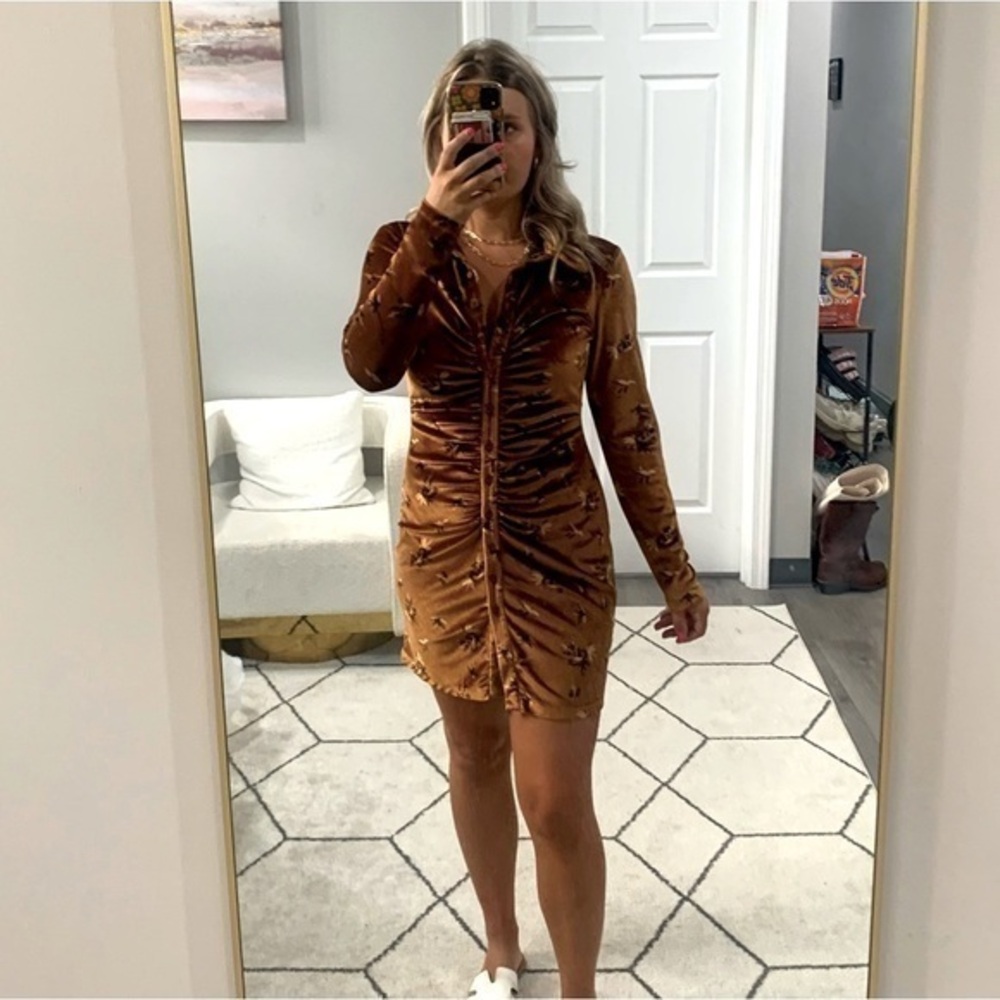 House of Harlow 1960 Rust Brown Velvet Ruched Mini Dress